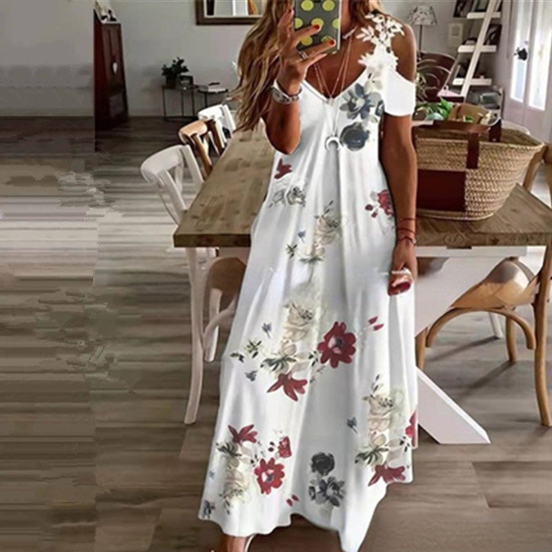 👗 Dames maxi jurk met bloemenprint, V-hals en open schouders 🌞