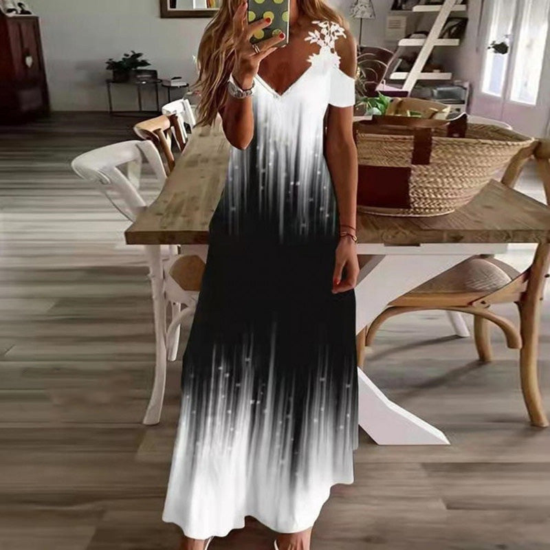 👗 Dames maxi jurk met bloemenprint, V-hals en open schouders 🌞