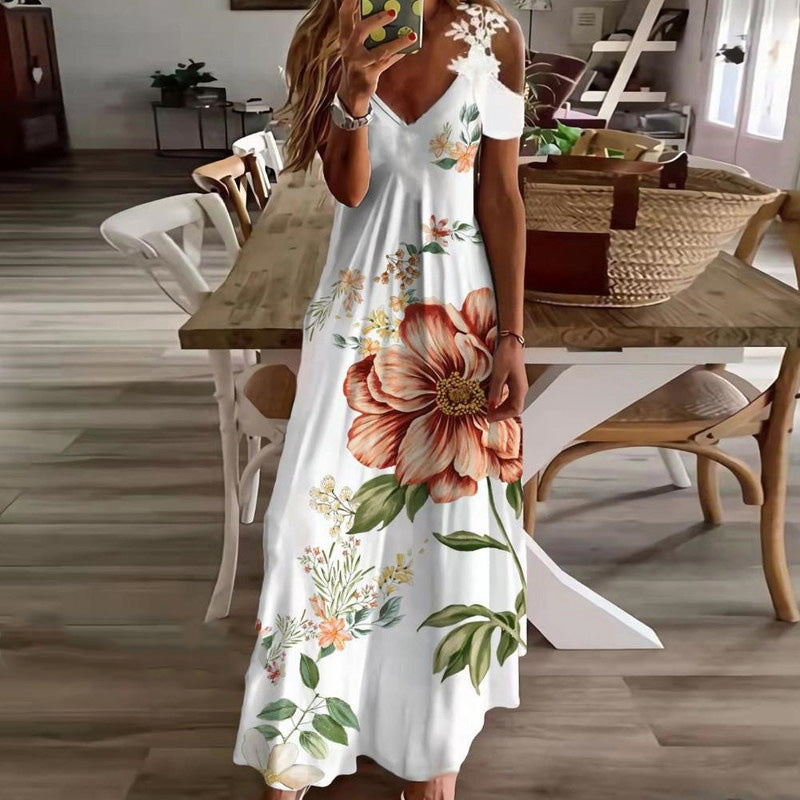 👗 Dames maxi jurk met bloemenprint, V-hals en open schouders 🌞