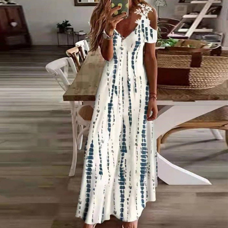 👗 Dames maxi jurk met bloemenprint, V-hals en open schouders 🌞