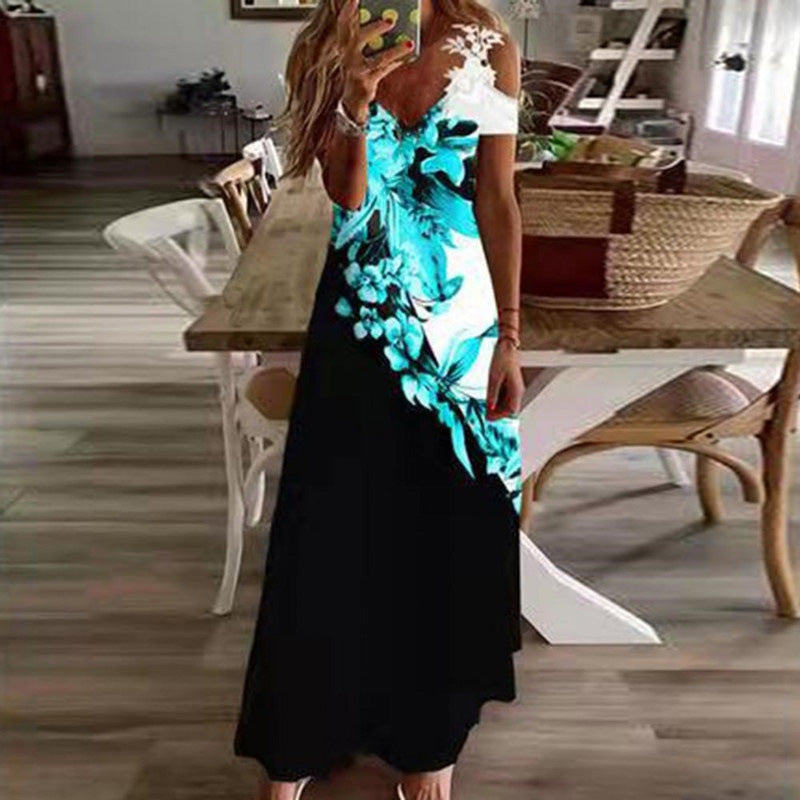 👗 Dames maxi jurk met bloemenprint, V-hals en open schouders 🌞