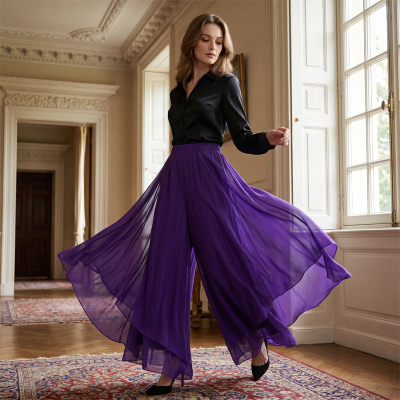 Dames asymmetrische chiffon wijde pijp broek