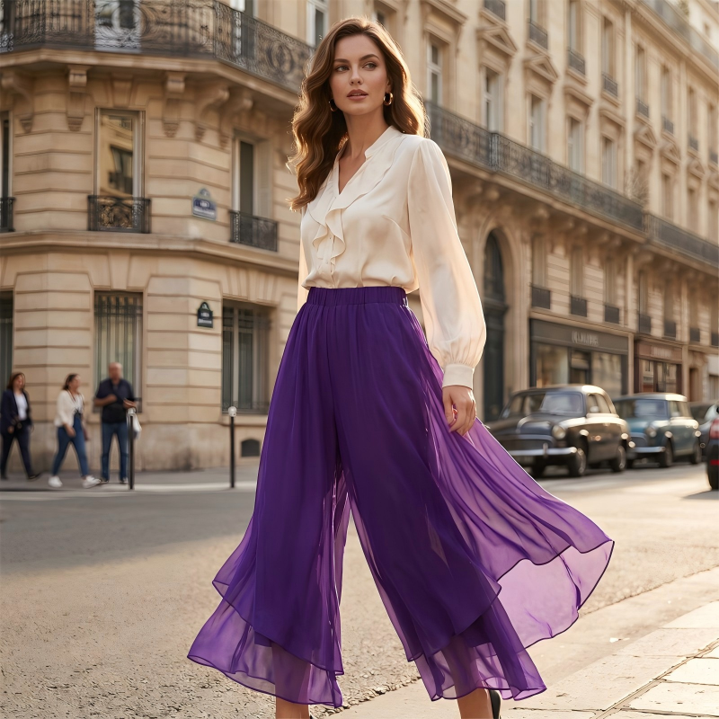 Dames asymmetrische chiffon wijde pijp broek