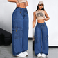 🎉 Hoge taille denim cargo wijde pijp broek