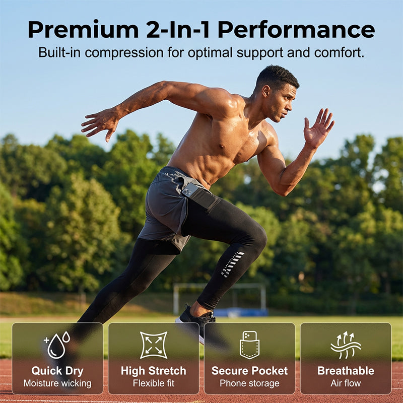 🏃‍♂️ NU 50% KORTING!💨 2-in-1 hardlooplegging met korte broek voor heren – Compressie & sneldrogend – Sportbroek met telefoonzakje 📱