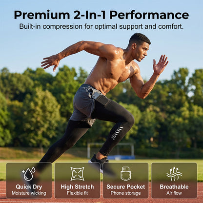 🏃‍♂️ NU 50% KORTING!💨 2-in-1 hardlooplegging met korte broek voor heren – Compressie & sneldrogend – Sportbroek met telefoonzakje 📱