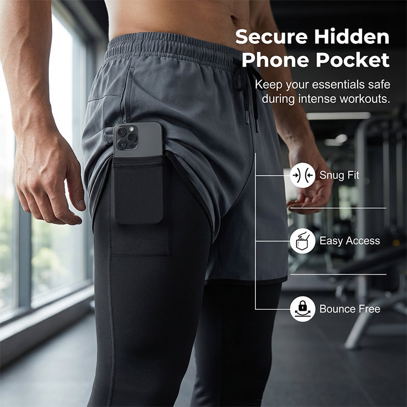 🏃‍♂️ NU 50% KORTING!💨 2-in-1 hardlooplegging met korte broek voor heren – Compressie & sneldrogend – Sportbroek met telefoonzakje 📱
