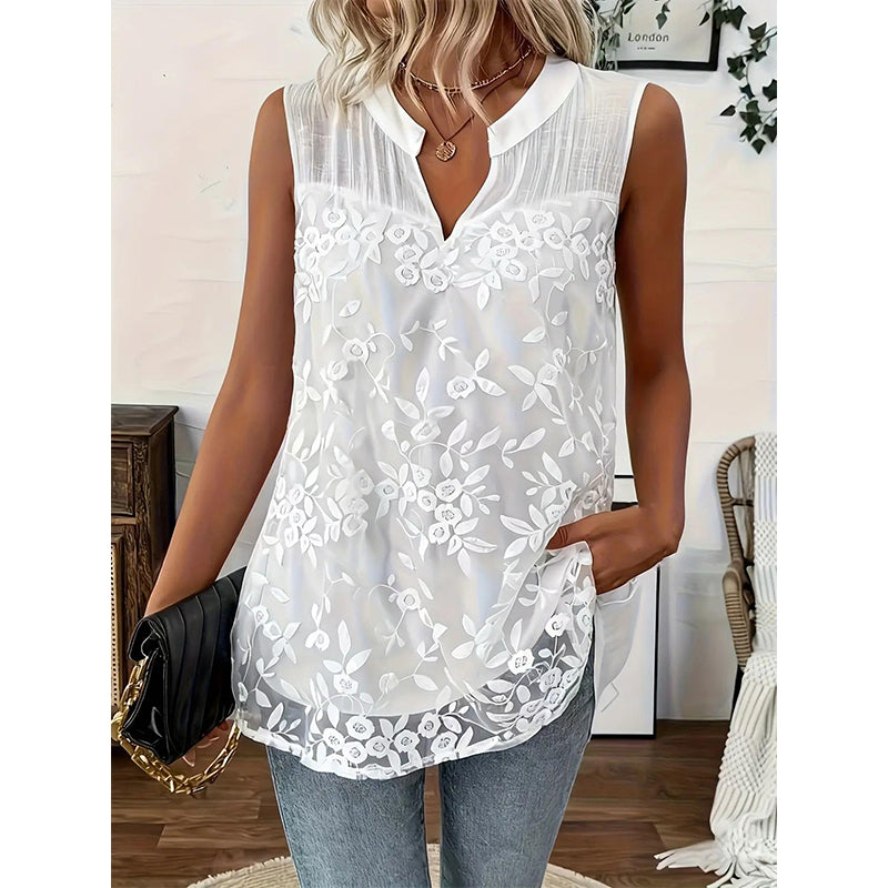 👗🌸 Chique mouwloze blouse met bloemenprint en kant voor dames ✨👩