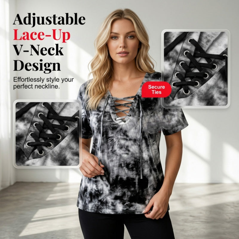 Dames tie-dye veter-sluiting V-hals T-shirt