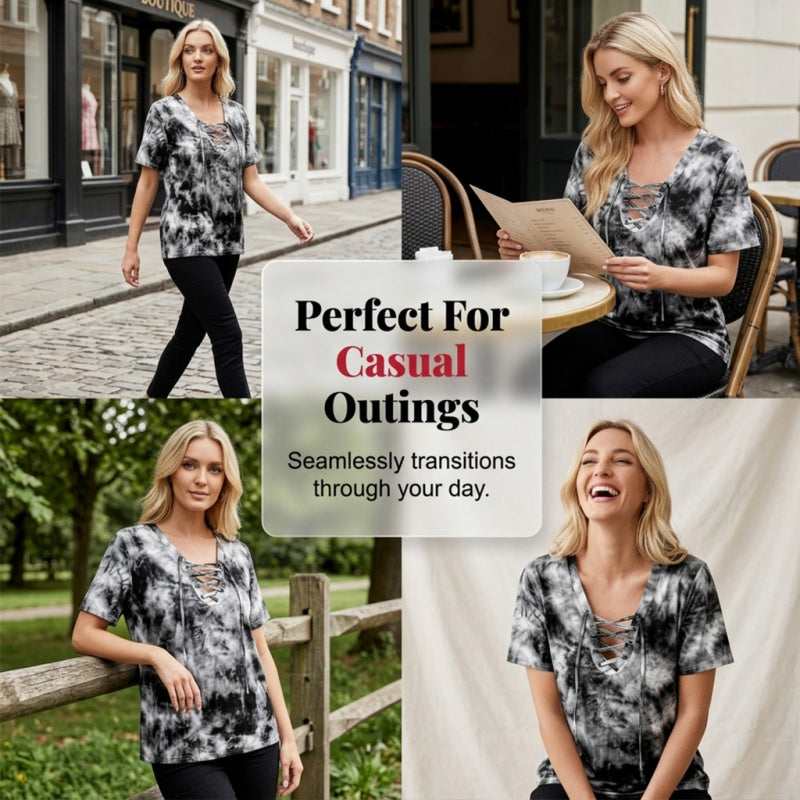 Dames tie-dye veter-sluiting V-hals T-shirt