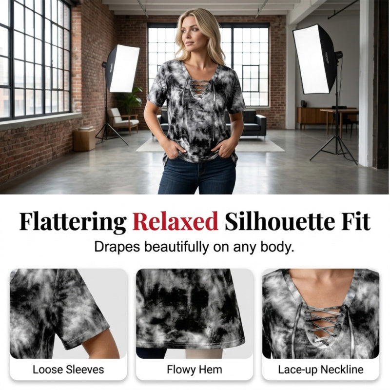 Dames tie-dye veter-sluiting V-hals T-shirt