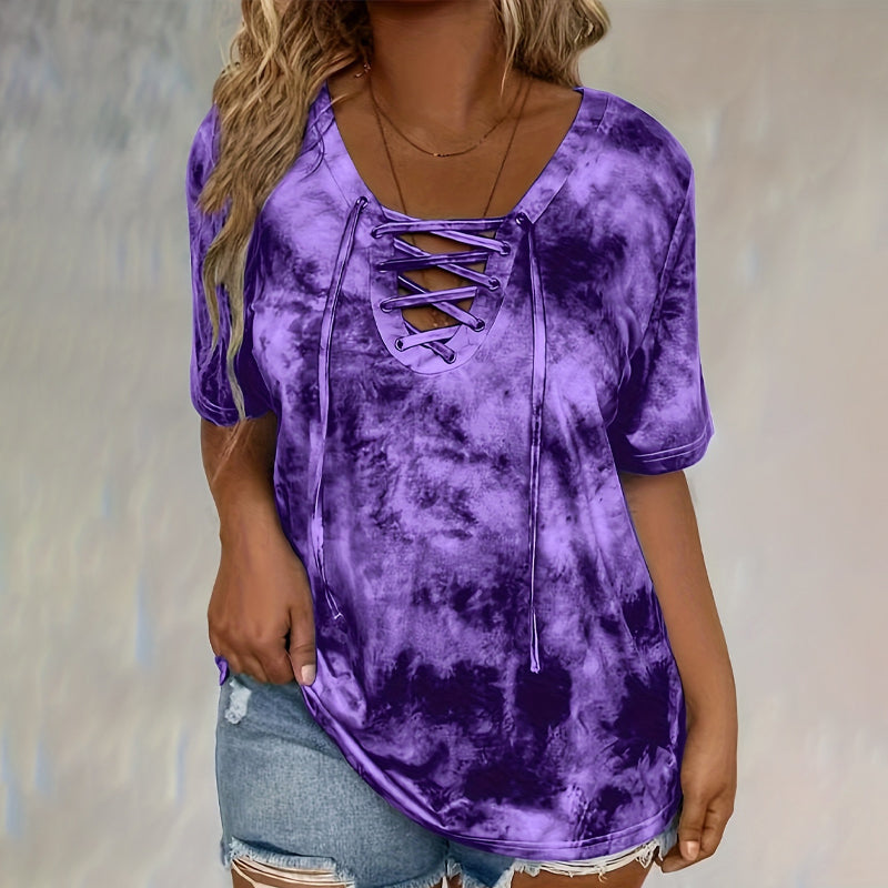 Dames tie-dye veter-sluiting V-hals T-shirt