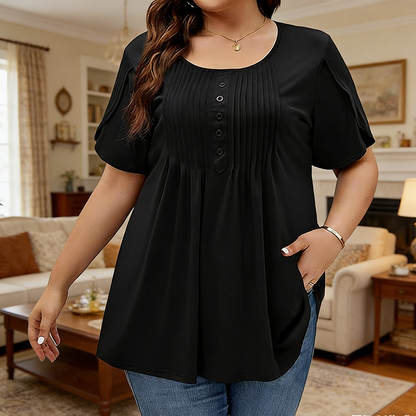 Dames Geplooide Voorkant Pofmouw T-shirt – Elegant, Losse Pasvorm, Veelzijdig