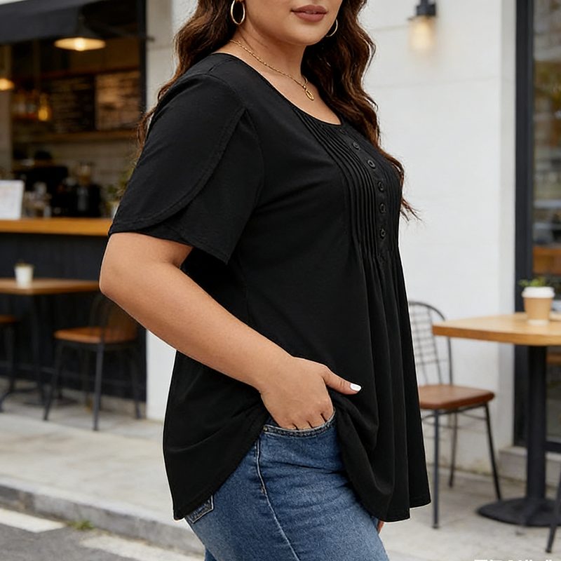 Dames Geplooide Voorkant Pofmouw T-shirt – Elegant, Losse Pasvorm, Veelzijdig