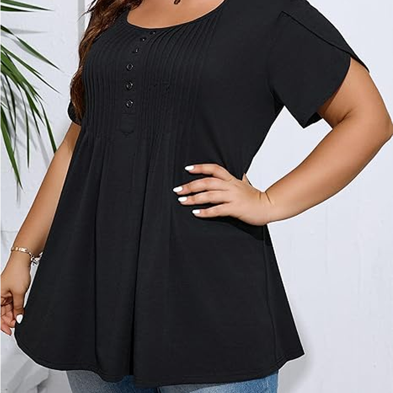 Dames Geplooide Voorkant Pofmouw T-shirt – Elegant, Losse Pasvorm, Veelzijdig