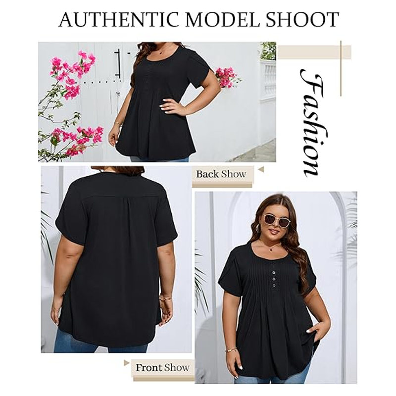 Dames Geplooide Voorkant Pofmouw T-shirt – Elegant, Losse Pasvorm, Veelzijdig