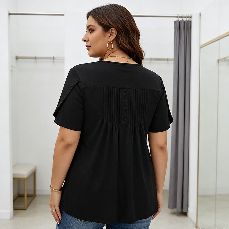 Dames Geplooide Voorkant Pofmouw T-shirt – Elegant, Losse Pasvorm, Veelzijdig