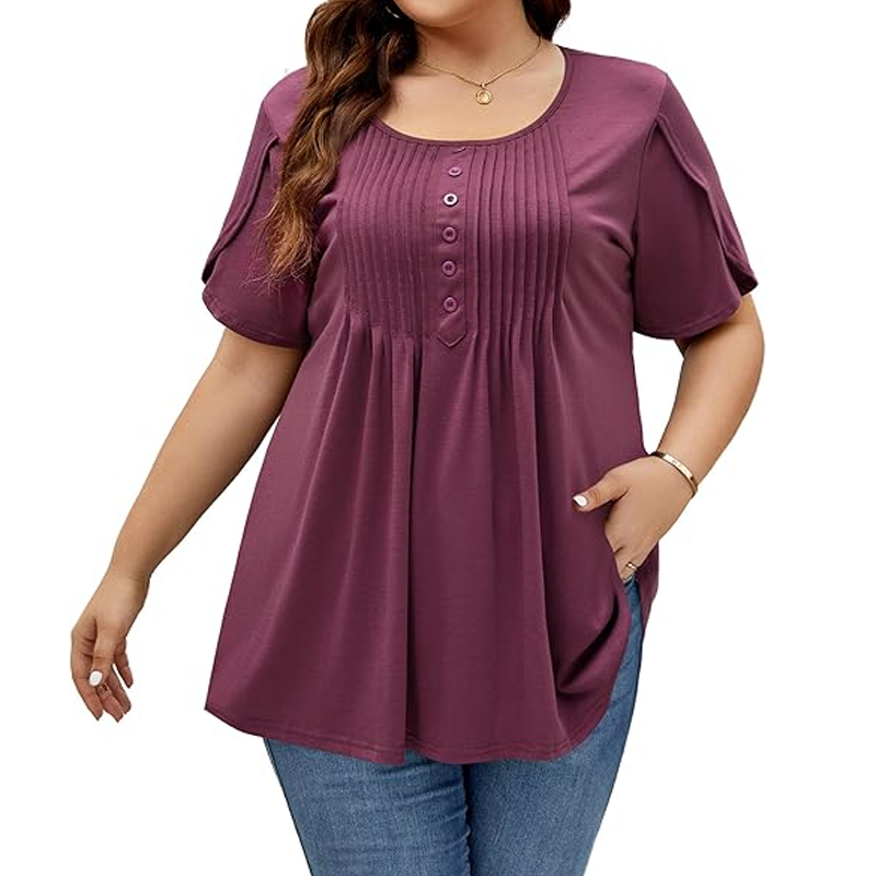 Dames Geplooide Voorkant Pofmouw T-shirt – Elegant, Losse Pasvorm, Veelzijdig