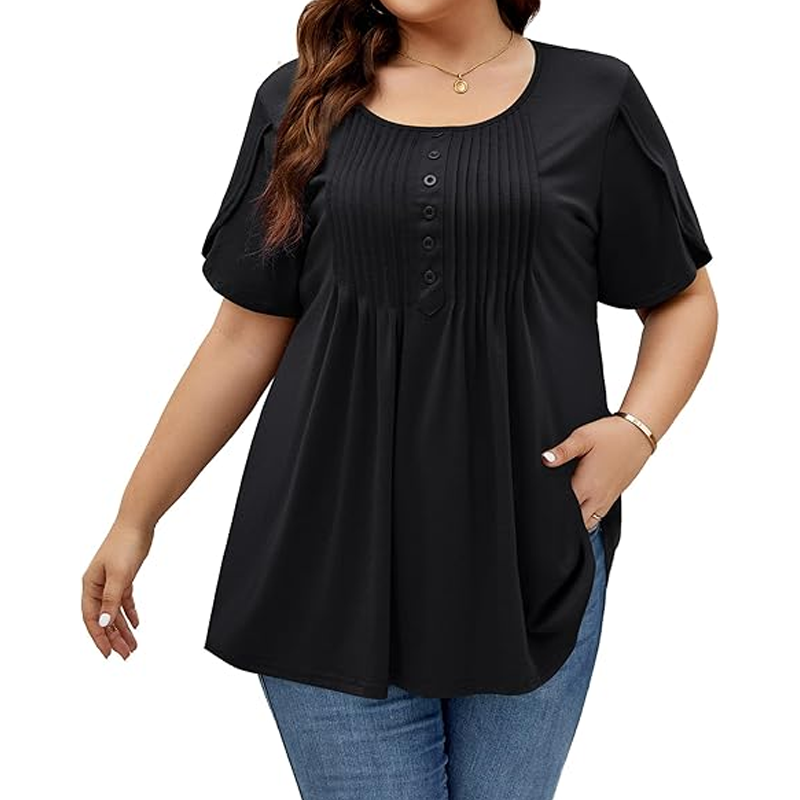 Dames Geplooide Voorkant Pofmouw T-shirt – Elegant, Losse Pasvorm, Veelzijdig