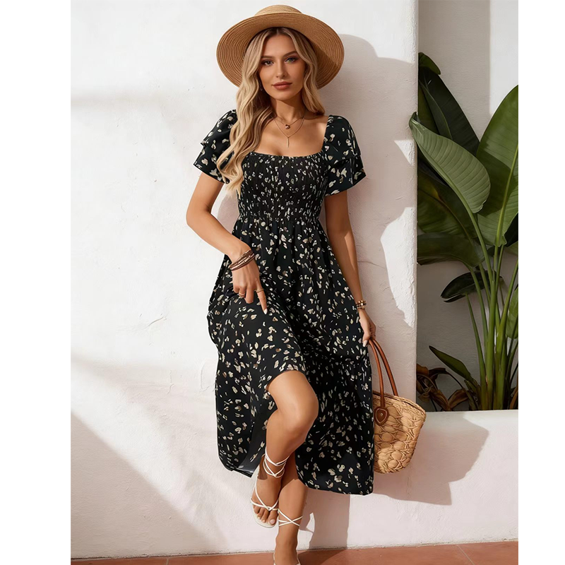 🌸 NU 50% KORTING! 🌸 Damesmidi-jurk met vierkante halslijn, smockwerk en bloemenprint