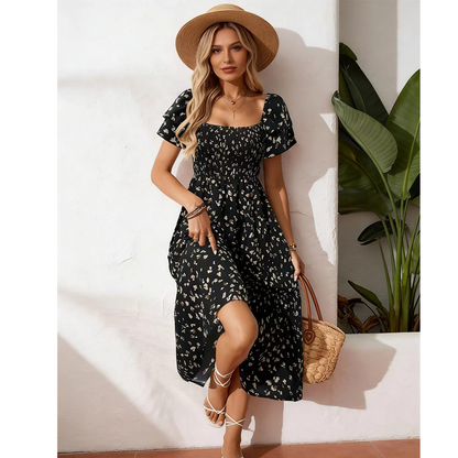 🌸 NU 50% KORTING! 🌸 Damesmidi-jurk met vierkante halslijn, smockwerk en bloemenprint