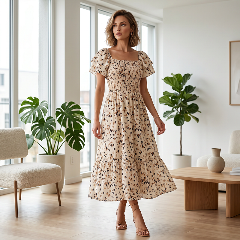 🌸 NU 50% KORTING! 🌸 Damesmidi-jurk met vierkante halslijn, smockwerk en bloemenprint