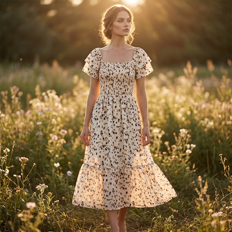 🌸 NU 50% KORTING! 🌸 Damesmidi-jurk met vierkante halslijn, smockwerk en bloemenprint