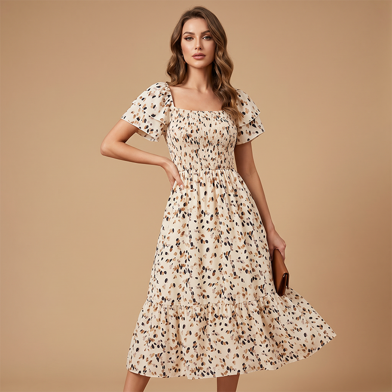 🌸 NU 50% KORTING! 🌸 Damesmidi-jurk met vierkante halslijn, smockwerk en bloemenprint