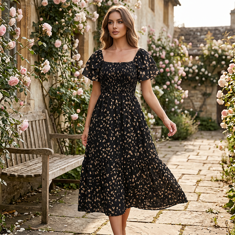 🌸 NU 50% KORTING! 🌸 Damesmidi-jurk met vierkante halslijn, smockwerk en bloemenprint