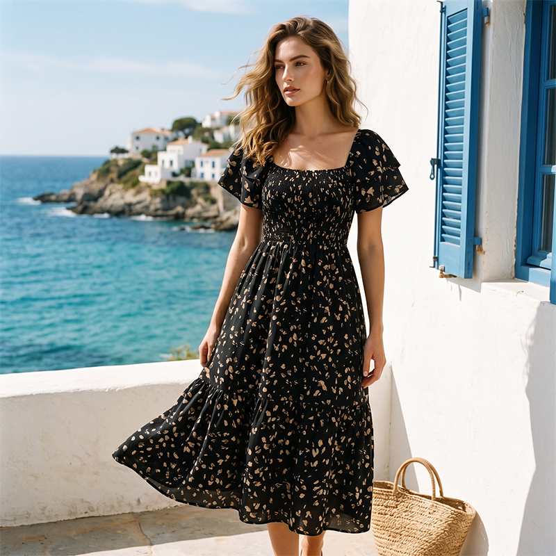 🌸 NU 50% KORTING! 🌸 Damesmidi-jurk met vierkante halslijn, smockwerk en bloemenprint