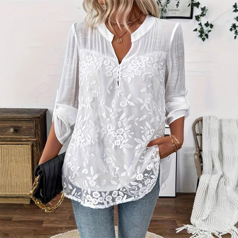 Damesblouse met V-hals en kanten inzetstukken