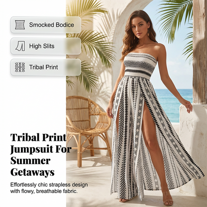👗 Bohemien-stijl strapless jumpsuit met hoge split en wijde pijpen – geplooid bovenstuk, split aan de zijkant, geometrische print ✨