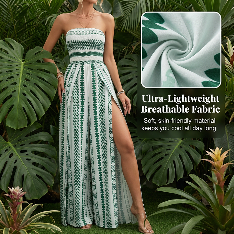 👗 Bohemien-stijl strapless jumpsuit met hoge split en wijde pijpen – geplooid bovenstuk, split aan de zijkant, geometrische print ✨