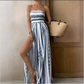 👗 Bohemien-stijl strapless jumpsuit met hoge split en wijde pijpen – geplooid bovenstuk, split aan de zijkant, geometrische print ✨