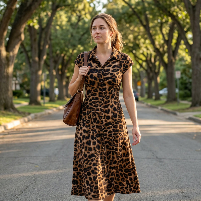 👗 Elegante damesjurk met revers en luipaardprint