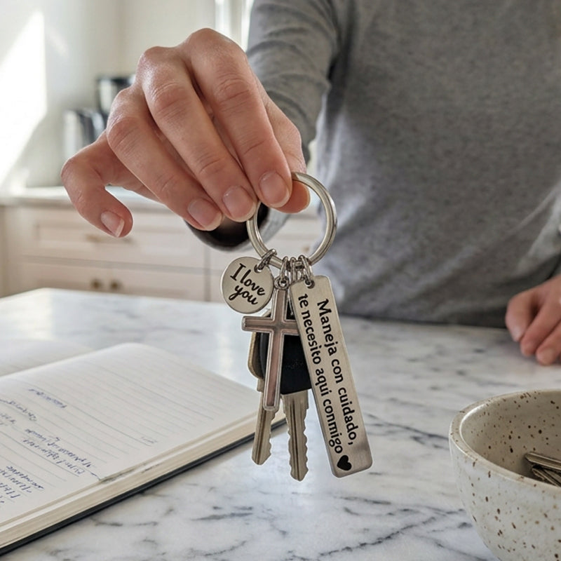 🔥1 kopen, 1 gratis🎉 Roestvrijstalen sleutelhanger in de vorm van een kruis – ‘Rijd veilig’-wens❤️🙏
