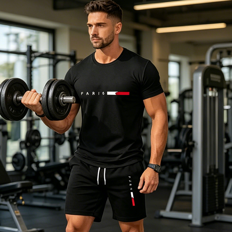 👕 TIJDELIJKE AANBIEDING: 50% KORTING! ✨ Gedrukte 2-delige set voor heren – moderne athleisure, ademend, atletische pasvorm 🏃‍♂️