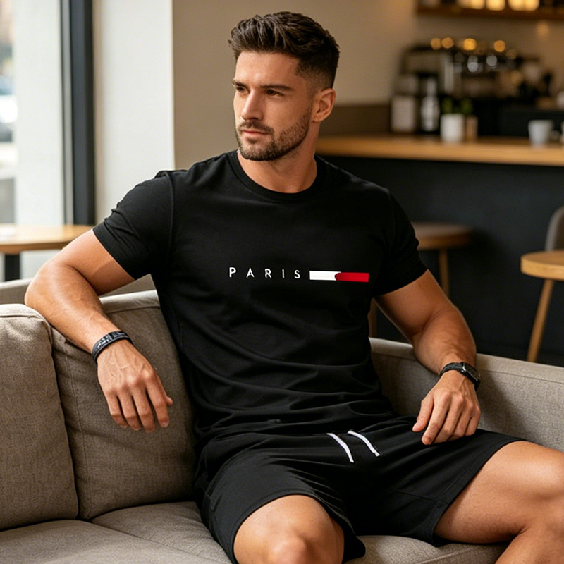 👕 TIJDELIJKE AANBIEDING: 50% KORTING! ✨ Gedrukte 2-delige set voor heren – moderne athleisure, ademend, atletische pasvorm 🏃‍♂️