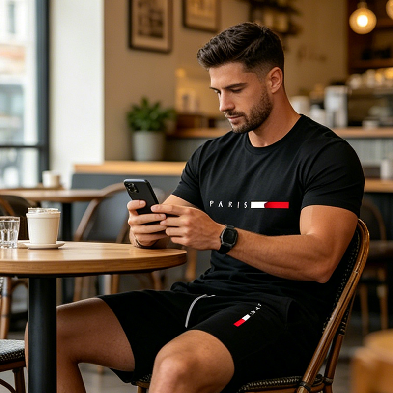 👕 TIJDELIJKE AANBIEDING: 50% KORTING! ✨ Gedrukte 2-delige set voor heren – moderne athleisure, ademend, atletische pasvorm 🏃‍♂️