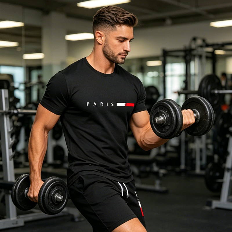 👕 TIJDELIJKE AANBIEDING: 50% KORTING! ✨ Gedrukte 2-delige set voor heren – moderne athleisure, ademend, atletische pasvorm 🏃‍♂️