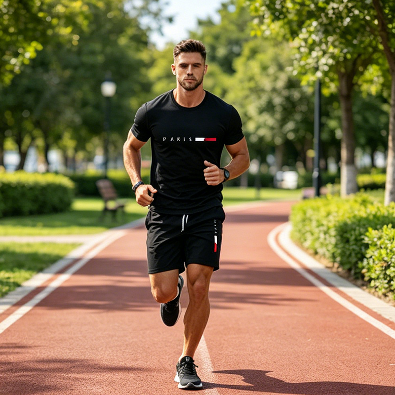 👕 TIJDELIJKE AANBIEDING: 50% KORTING! ✨ Gedrukte 2-delige set voor heren – moderne athleisure, ademend, atletische pasvorm 🏃‍♂️