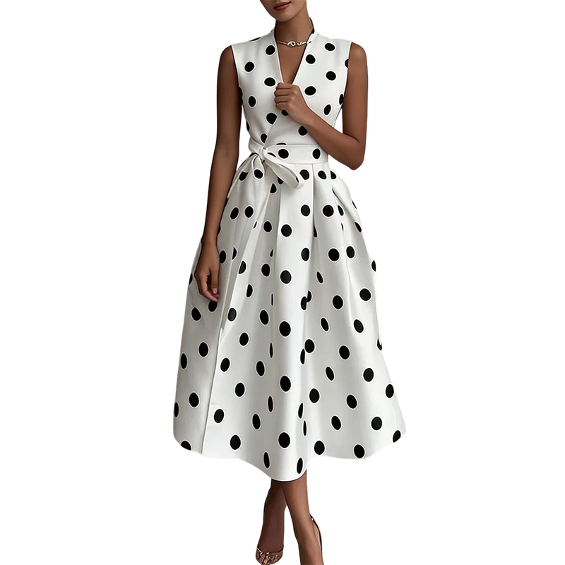 🌸 Mouwloze jurk met V-hals en stippen voor dames 👗