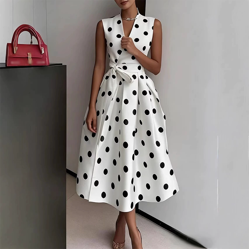🌸 Mouwloze jurk met V-hals en stippen voor dames 👗