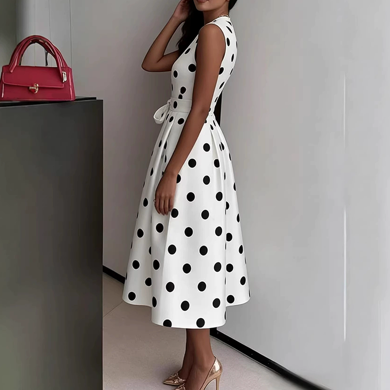 🌸 Mouwloze jurk met V-hals en stippen voor dames 👗