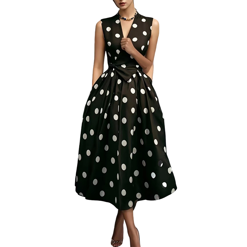 🌸 Mouwloze jurk met V-hals en stippen voor dames 👗