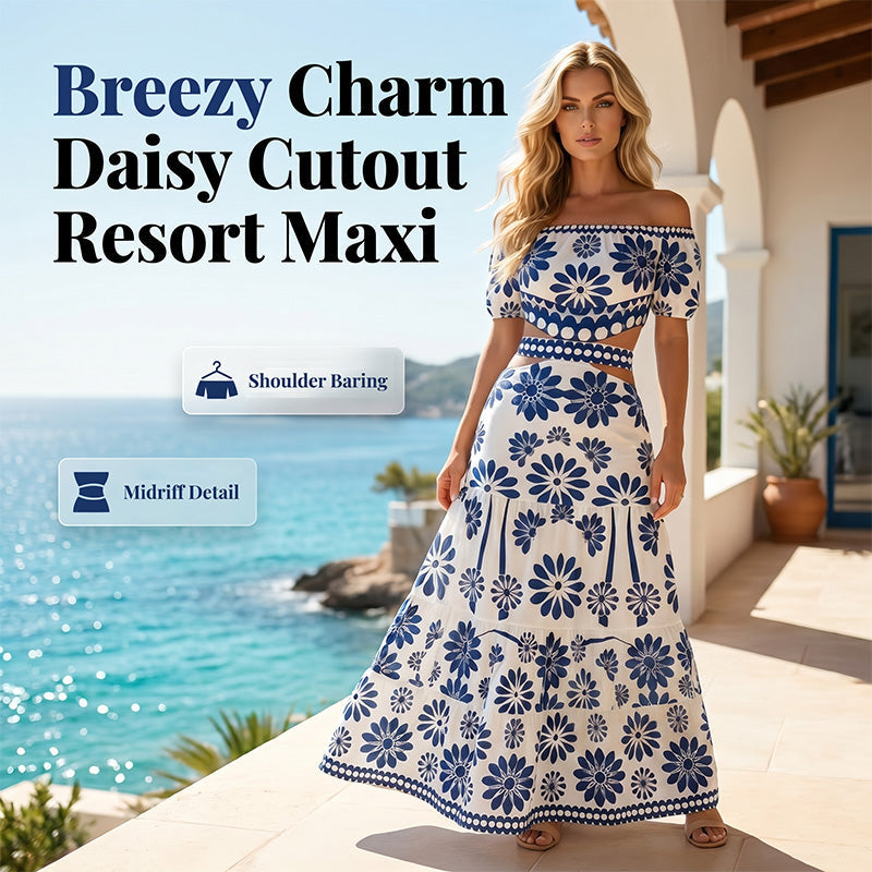 🎀 Damesresortjurk met blote schouders — uitsnijding bij de taille en madeliefjesprint 👗