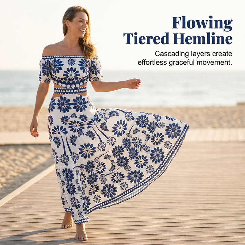 🎀 Damesresortjurk met blote schouders — uitsnijding bij de taille en madeliefjesprint 👗