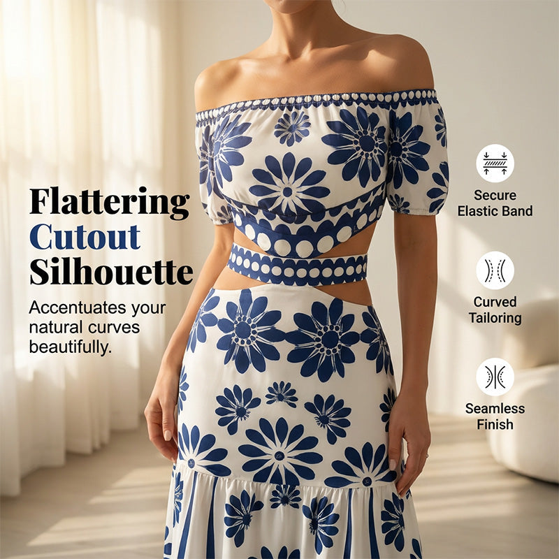 🎀 Damesresortjurk met blote schouders — uitsnijding bij de taille en madeliefjesprint 👗