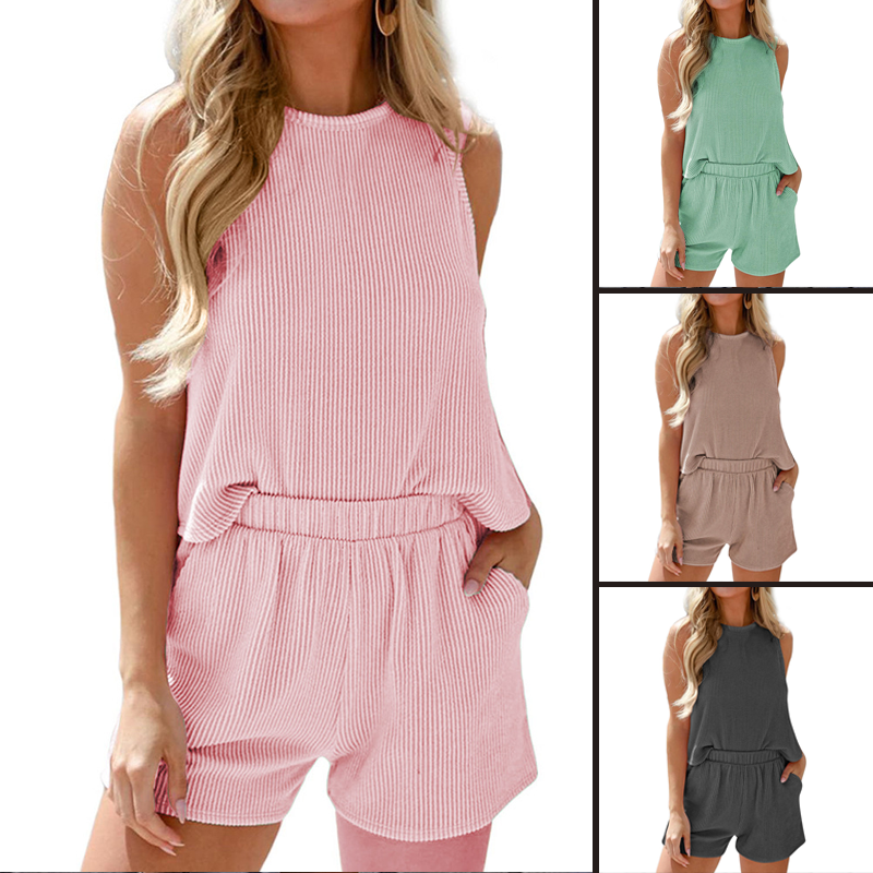 🌸 Gestreepte mouwloos vest en shorts tweedelige set