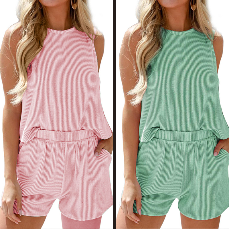 🌸 Gestreepte mouwloos vest en shorts tweedelige set
